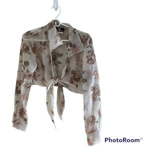 🟤IZ CALIFORNIA: Women’s size 9, sheer cropped floral patterned shrug w/tie.